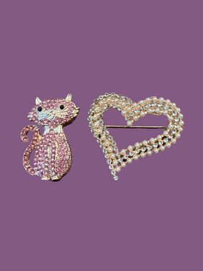 Pearl and Rhinestone Heart Brooch -  and pink rhinestone kitty brooch-Gold Tone
